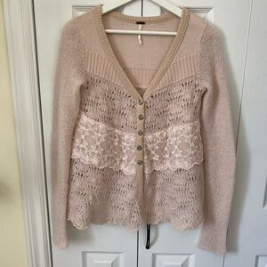 Free People Honeysuckle Years Pale Pink lacy knit lace overlay cardigan Fairy XS